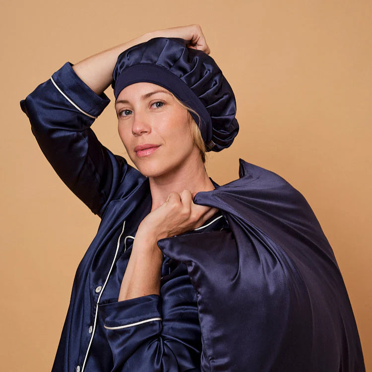 Bonnet de nuit 100% Pure Soie - Bleu nuit